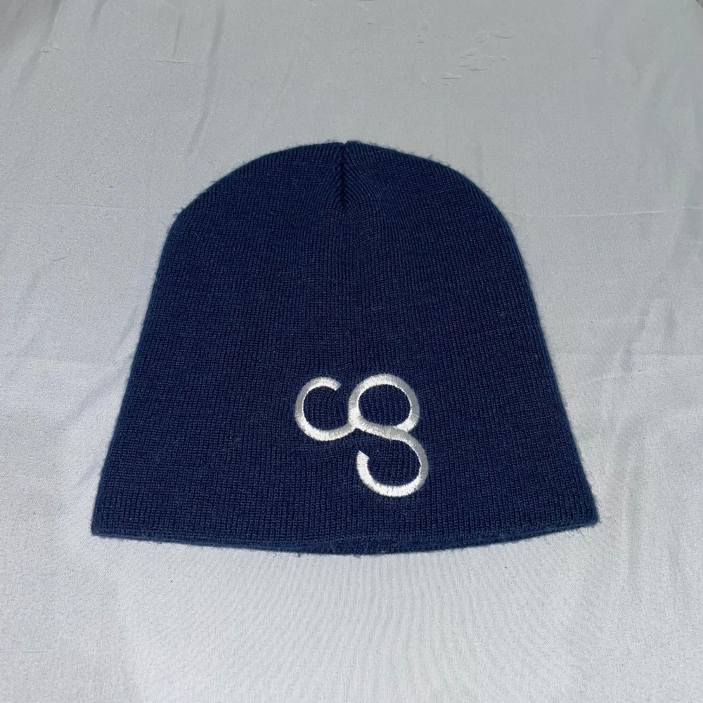 HitWear Navy Blue Knit Beanie Hat White Embroidered CG Logo Skull Cap Acrylic